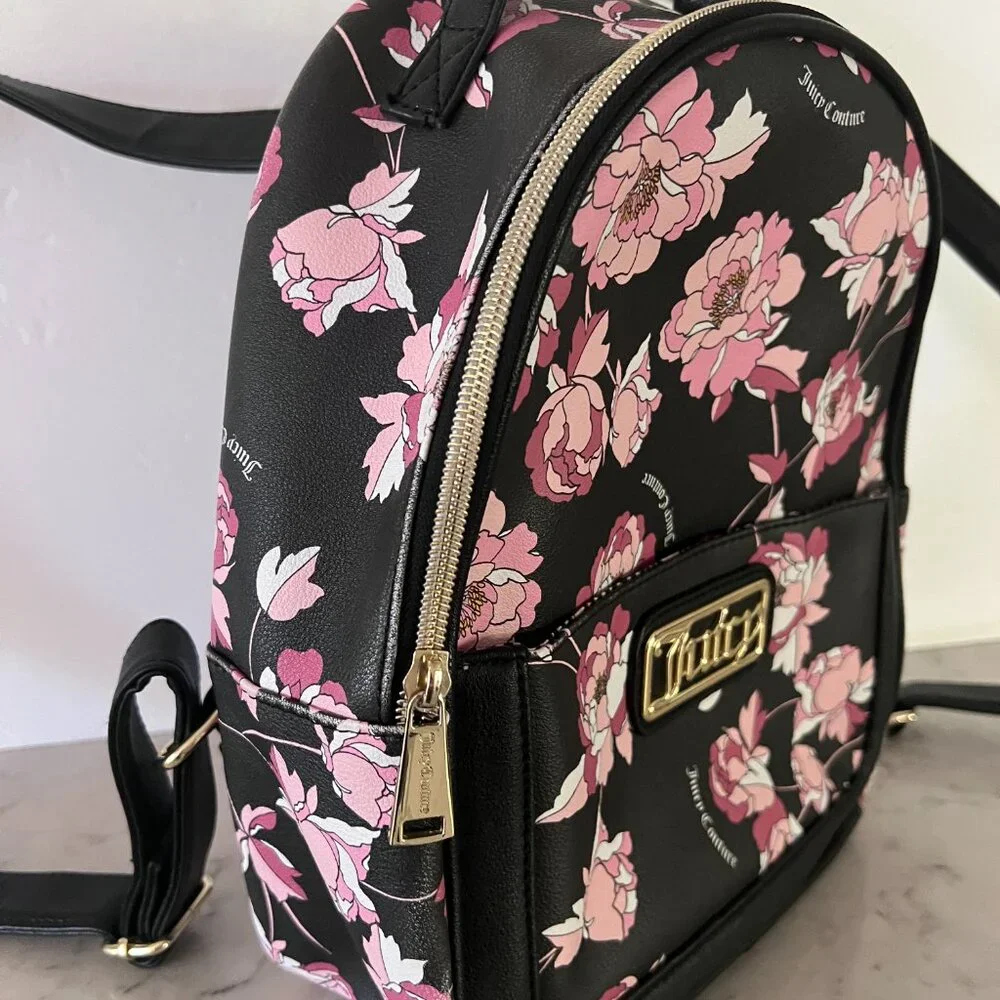 Juicy Couture Floral Mini Backpack Black Pink‎ Peony Gold Logo Faux Leather Bag